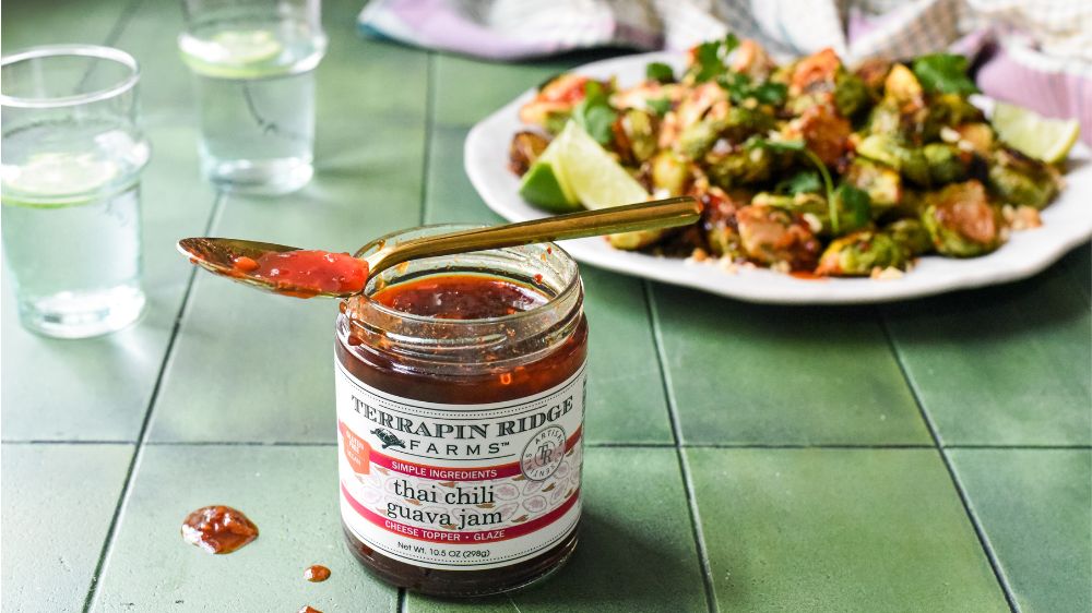 Sticky Thai Brussels Sprouts featuring Terrapin Ridge Farms Thai Chili Guava Jam Sticky Thai Brussels Sprouts featuring Terrapin Ridge Farms Thai Chili Guava Jam